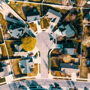 Aerial view capturing the layout of a suburban neighborhood in Herriman, Utah.